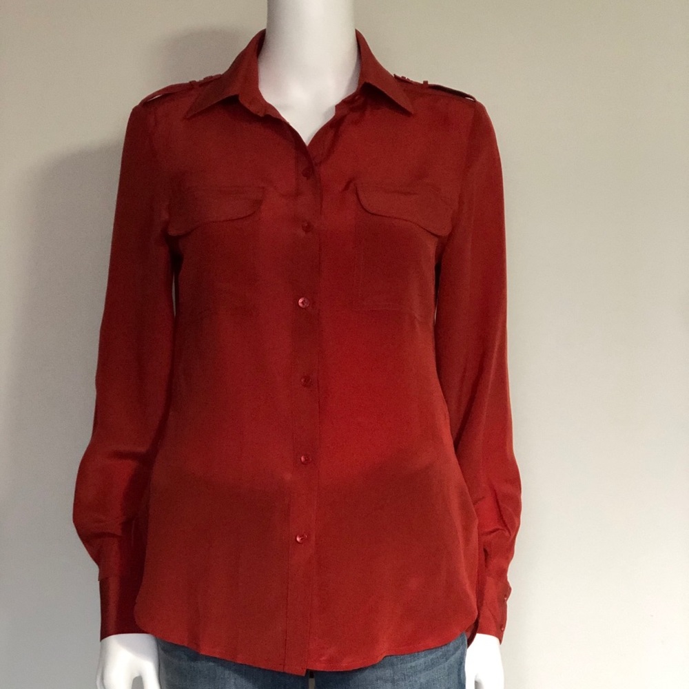 BEBE MULBERRY SILK TOMATO RED  LONG SLEEVE SHIRT